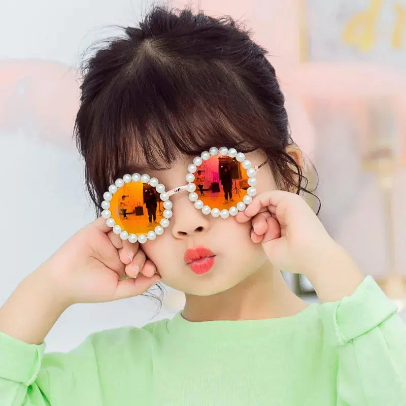 New Children's Circle Form Sunglasses Girl Decorative Pearl Frame Fashion Sun Glasses Cute Baby Outdoor Sunshade Eyewear UV400 - Suncollections