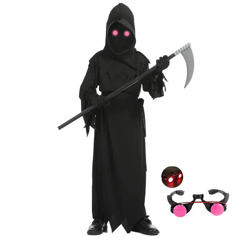 Halloween Cosplay Costume Grim Reaper Scary Skeleton Costume Children Glowing Red Eyes Grim Reaper Ghost Robe Send Scythe Props Suncollections