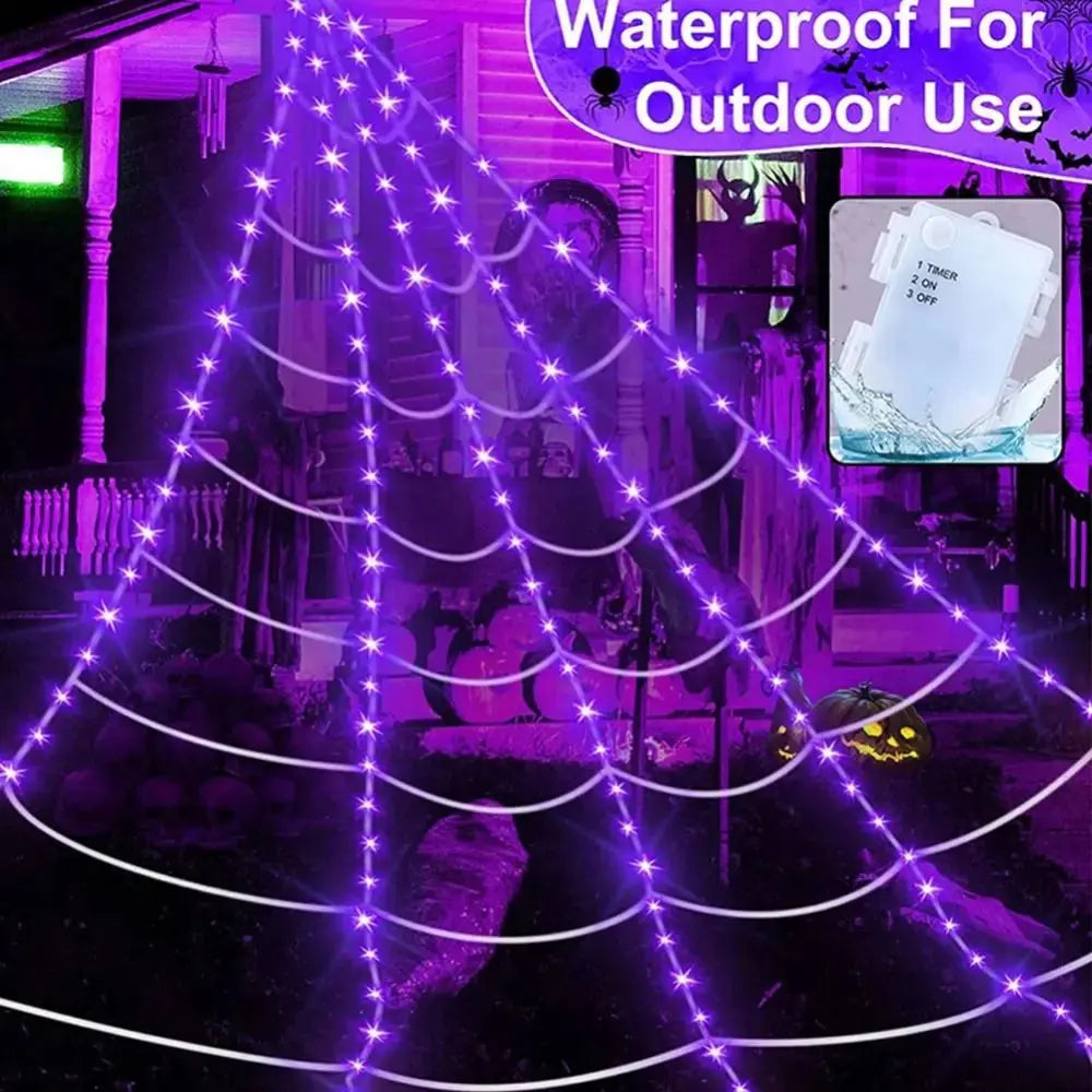 Practical 8 Modes Halloween Spider Web Lights Glow 250 LEDs LED Spider Net Hanging 5m Scary Giant Spider Haunted House Suncollections