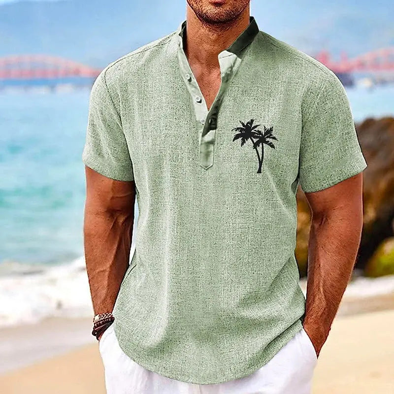 Coconut Tree Plaid 3D Print Henley Shirts Men's Casual Oversized Button Stand Collar Short Sleeve T Shirt Tees Tops Man Clothing - Suncollections