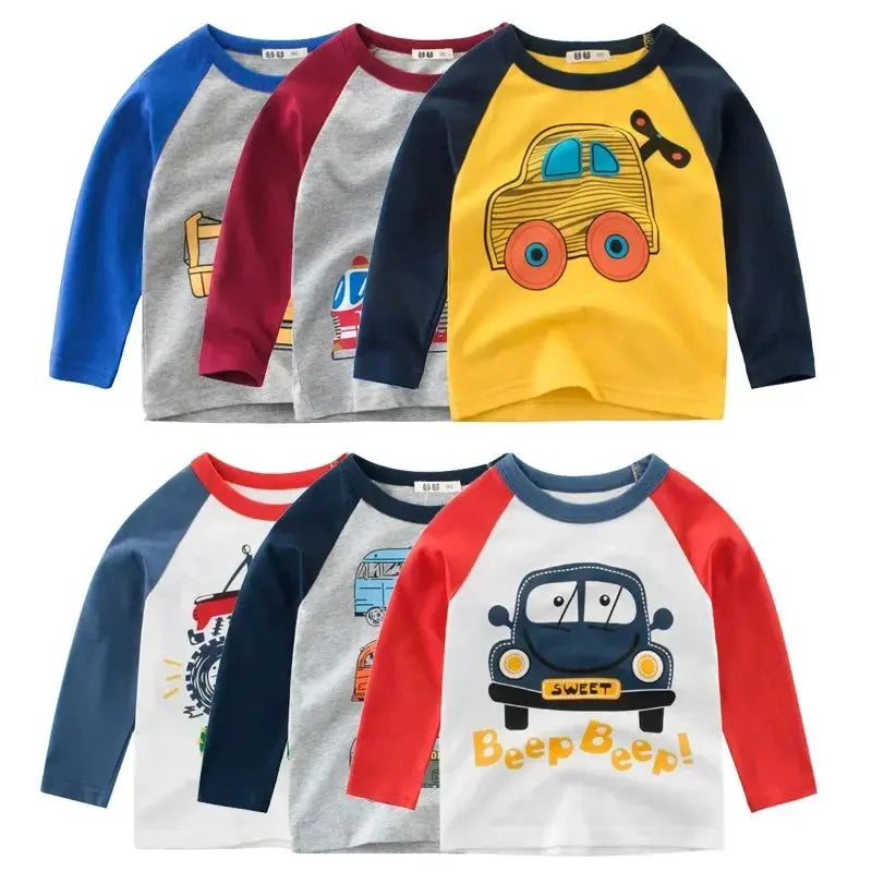 2025 Autumn T Shirt Cartoon Car T-shirt Boys Girls Baby Kids Clothes Cotton Long Sleeve Top for Boy Children's Clothing 2-9 Year - Suncollections