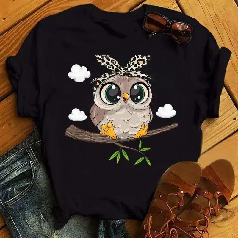 Cartoon Owl Print T Shirt Women Kawaii Graphic Shirts Casual Short Sleeved Black Female Tee O-neck Harajuku T-shirts - Suncollections