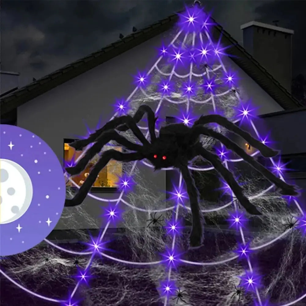 Practical 8 Modes Halloween Spider Web Lights Glow 250 LEDs LED Spider Net Hanging 5m Scary Giant Spider Haunted House Suncollections
