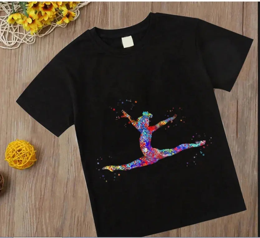 Watercolor Gymnastic Girl Print CuteChildren's T-Shirts Kids Black Tshirt GYM Excercise Sport Lover Birthday Gift Custom T Shirt - Suncollections