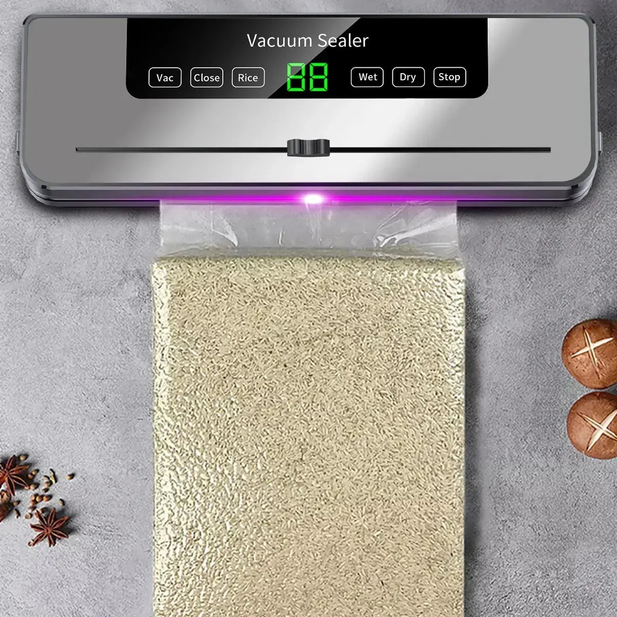 Electric Vacuum Sealer Built-in Cutter Kitchen Food Storage Seal Touch Button Dry/Wet Food Sealing Packaging Strips 10 Bags Suncollections