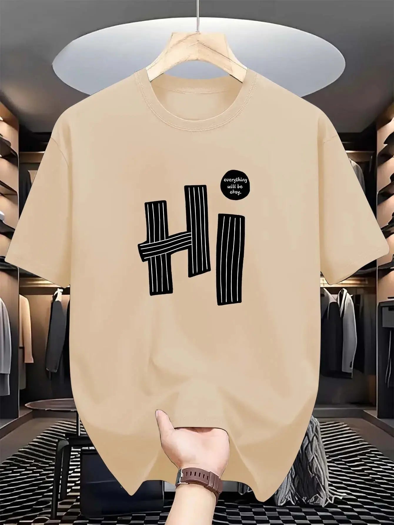 Hi pattern men's T-shirt casual and comfortable summer short sleeve round neck top T-shirt, fashionable machine washable - Suncollections