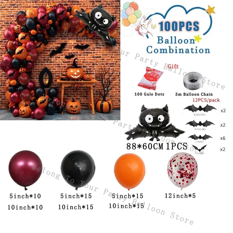 Halloween Balloons Garland Arch Eye Ballon with Bats Pumpkin Purple Orange Black Ballon for Birthday Party Halloween Decorations Suncollections