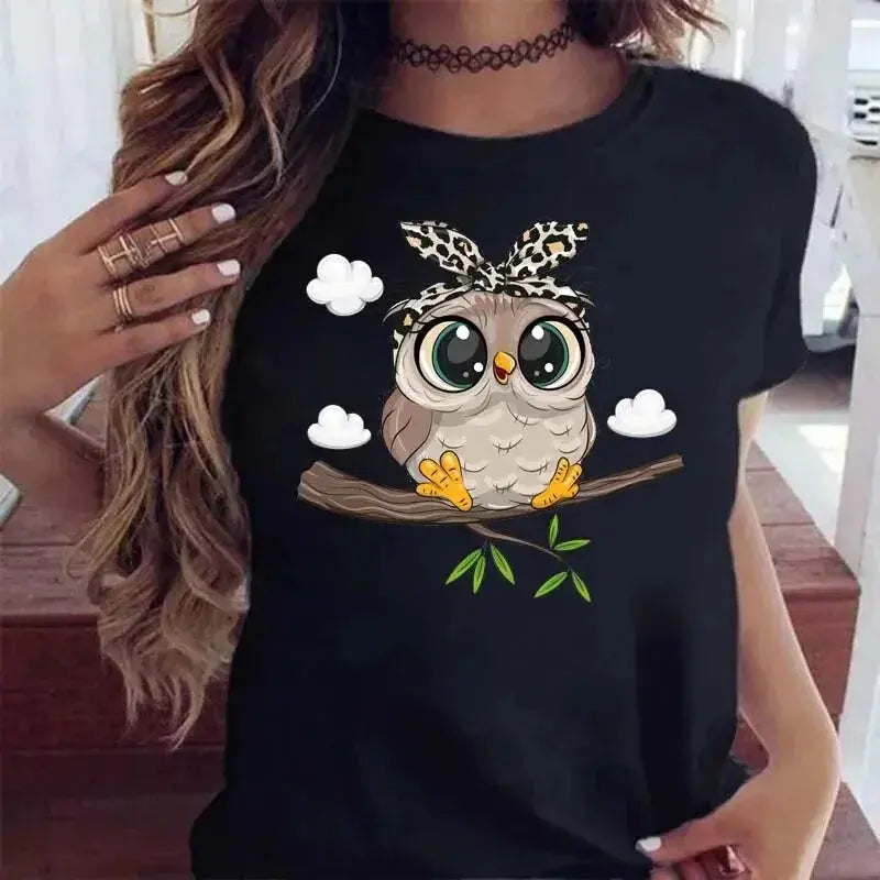 Cartoon Owl Print T Shirt Women  Graphic Shirts Casual Short Sleeved Black Female Tee O-neck - Suncollections
