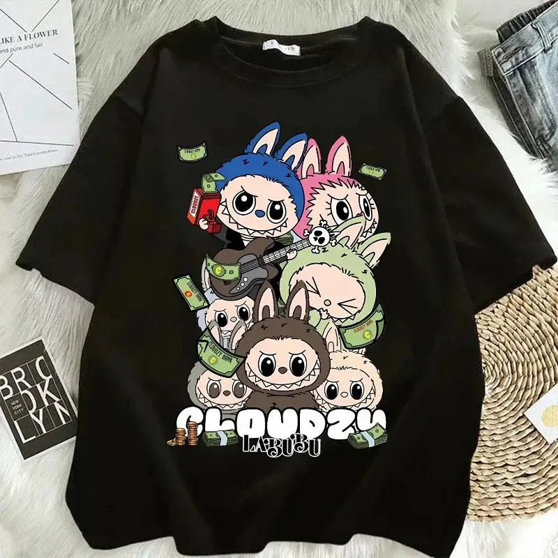 Pop Mart Labubu T-shirts for Women Anime Fashion Short Sleeved Top Summer Hip Hop Black White T-shirt High Quality Clothes - Suncollections