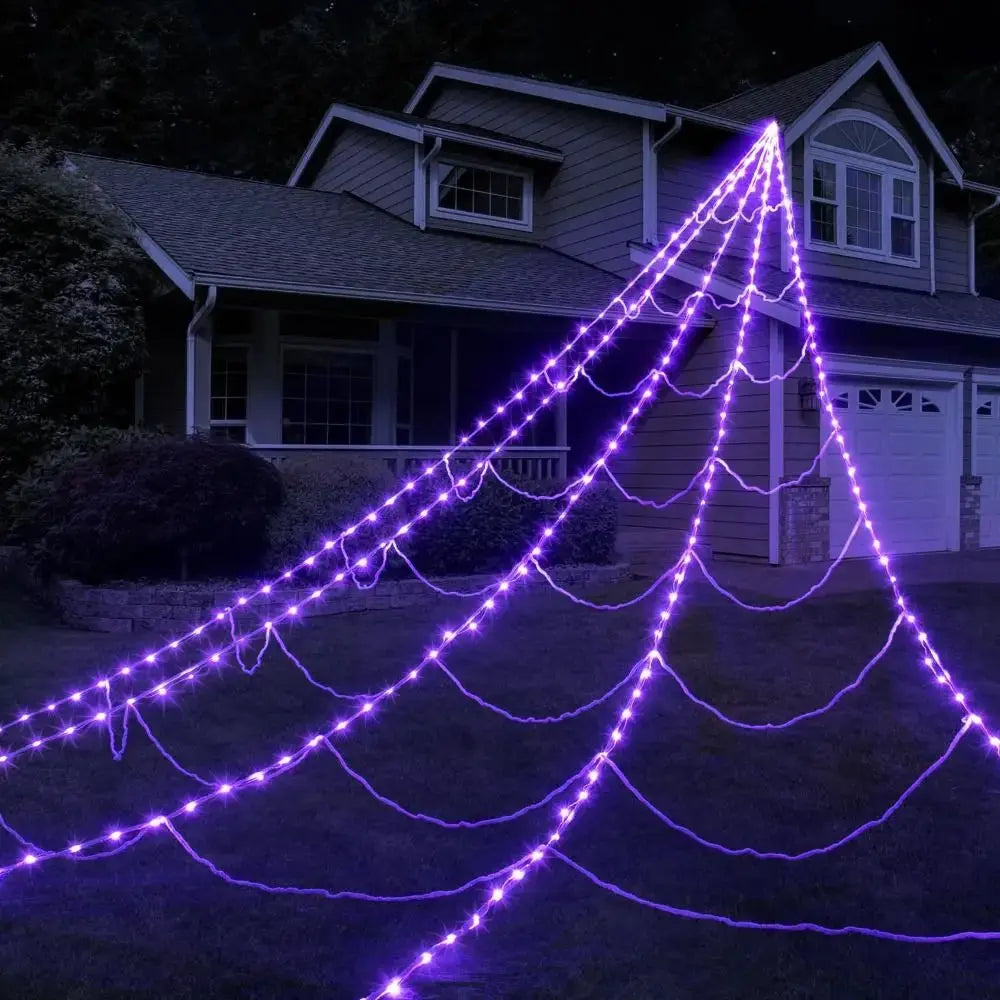 Practical 8 Modes Halloween Spider Web Lights Glow 250 LEDs LED Spider Net Hanging 5m Scary Giant Spider Haunted House Suncollections