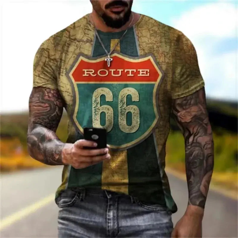 Newest Summer Mens Clothes Man 3d Printed Fashion Retro Short Sleeve Top Route 66 T Shirt Men Streetwear Short Sleeve T Shirt - Suncollections