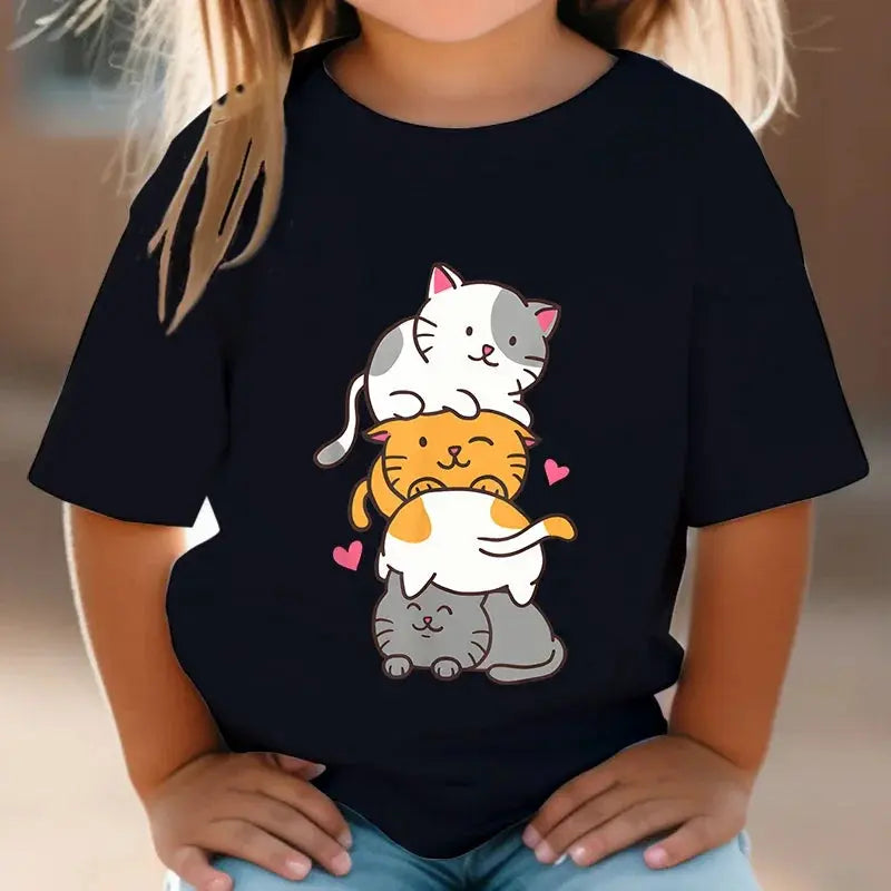 Cute Cat Graphic Kids Tshirts Kawaii T-Shirt Kids Summer Short Sleeve Tees Cartoon Animal Boys Girls Kawaii Kitten Tops Tshirt - Suncollections