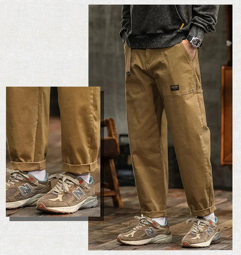 HIQOR Mens Clothing Spring Autumn Cargo Pants Man Cotton Casual Loose Trouser Belt Mid Waist Joggers Male Straight Baggy Pants Suncollections