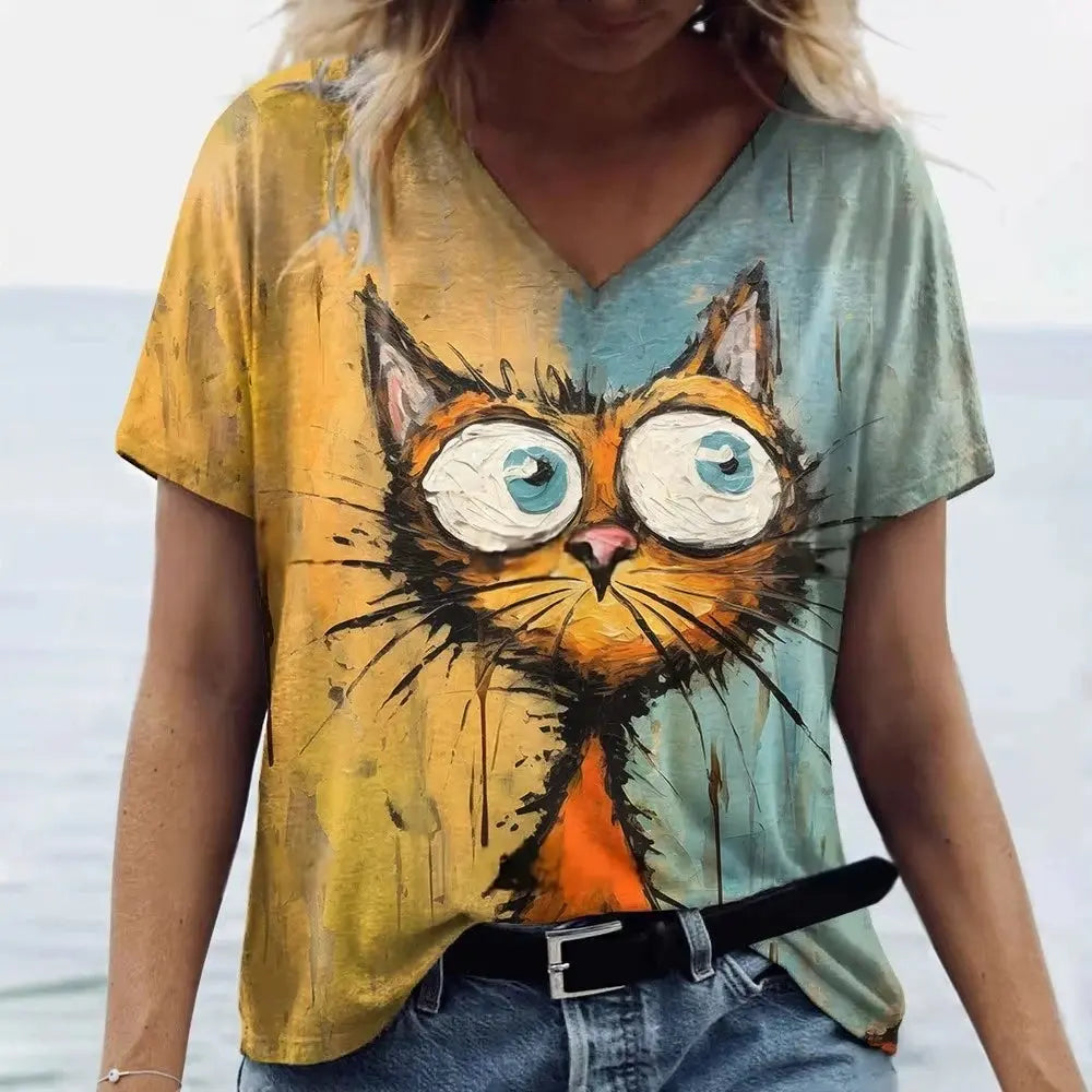 Women's T Shirt Cute Cat 3D Printed T-Shirt Summer Casual Short Sleeve V-Neck Top Fashion Streetwear Female Oversized Clothing - Suncollections