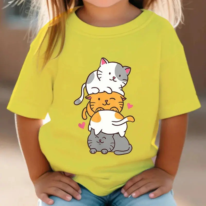 Cute Cat Graphic Kids Tshirts Kawaii T-Shirt Kids Summer Short Sleeve Tees Cartoon Animal Boys Girls Kawaii Kitten Tops Tshirt - Suncollections