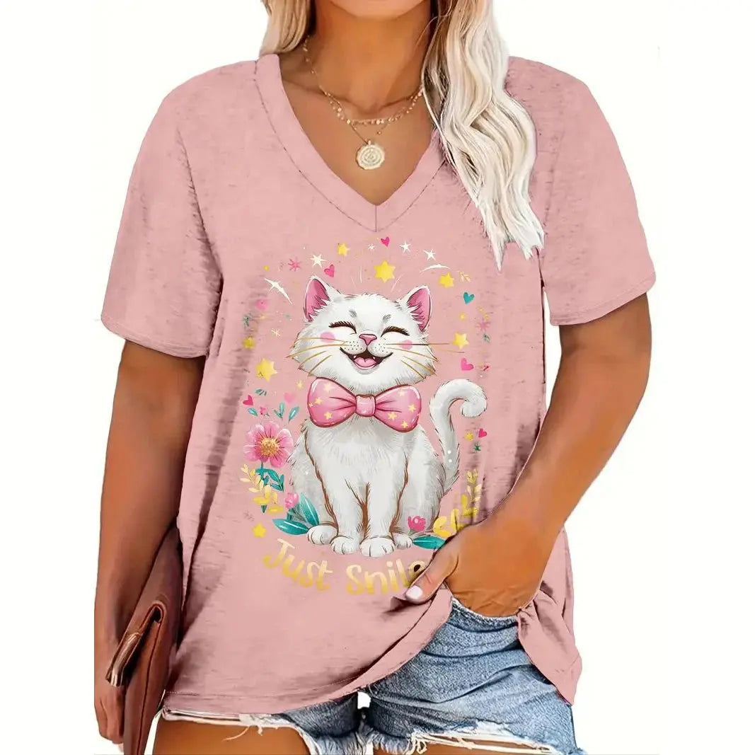 Summer Women's T Shirt Cat Print Casual Short Sleeve 3d T-Shirts Fashion Streetwear Crew Neck Pullover Female Oversized Clothing - Suncollections