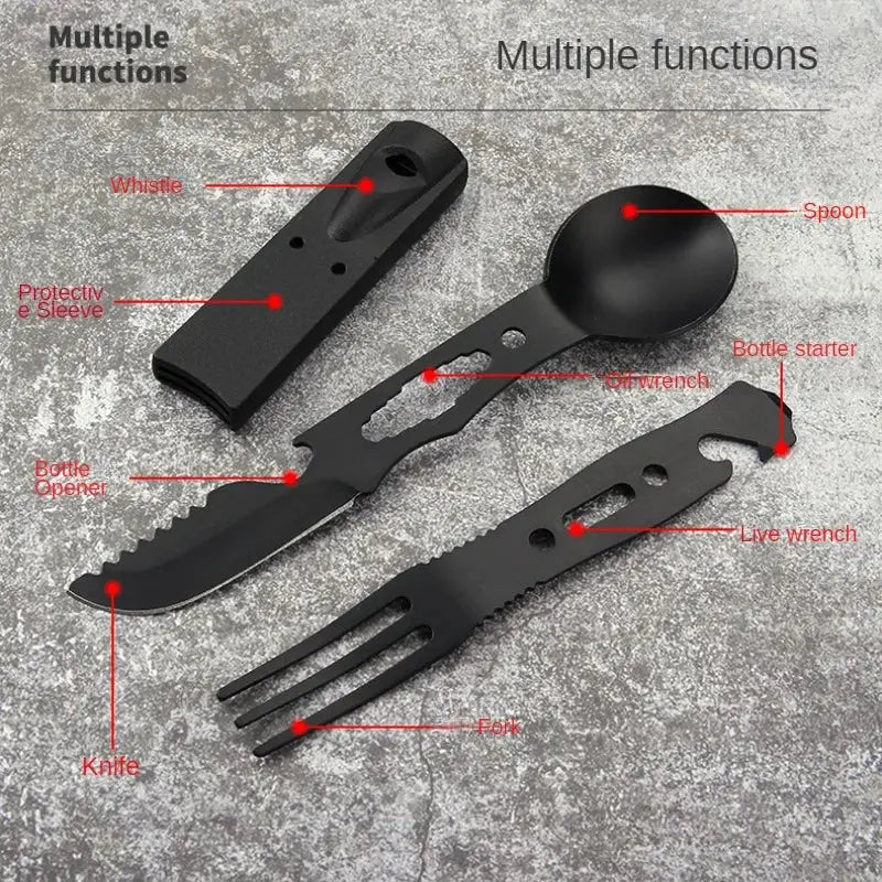 Outdoor Set Multi functional Camping Knives Camping Tableware Outdoor Wind Combination Stainless Steel with Whistle Spoon Fork - Suncollections