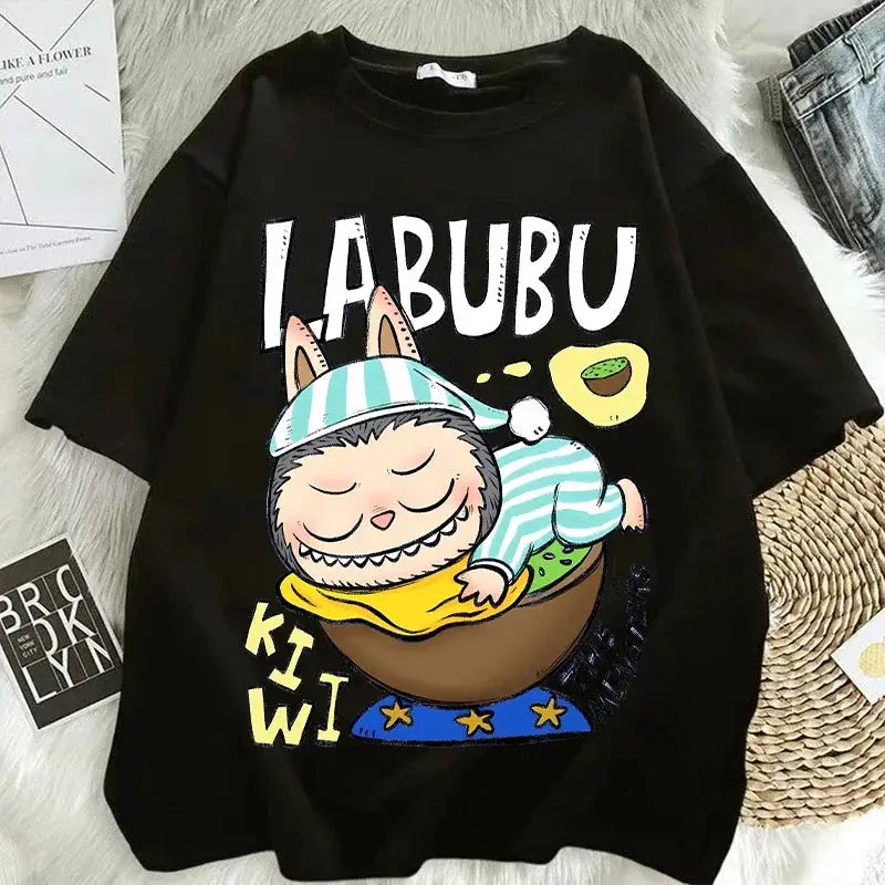 Pop Mart Labubu T-shirts for Women Anime Fashion Short Sleeved Top Summer Hip Hop Black White T-shirt High Quality Clothes - Suncollections