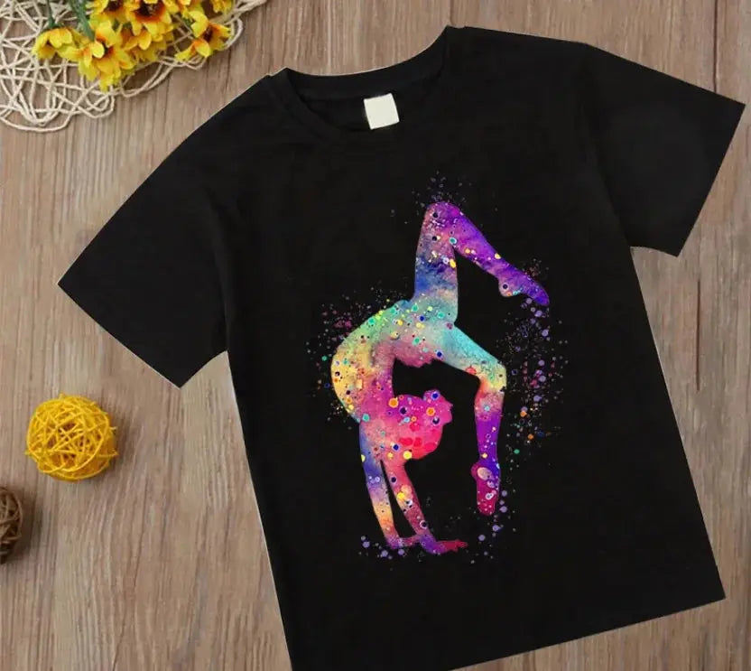 Watercolor Gymnastic Girl Print CuteChildren's T-Shirts Kids Black Tshirt GYM Excercise Sport Lover Birthday Gift Custom T Shirt - Suncollections